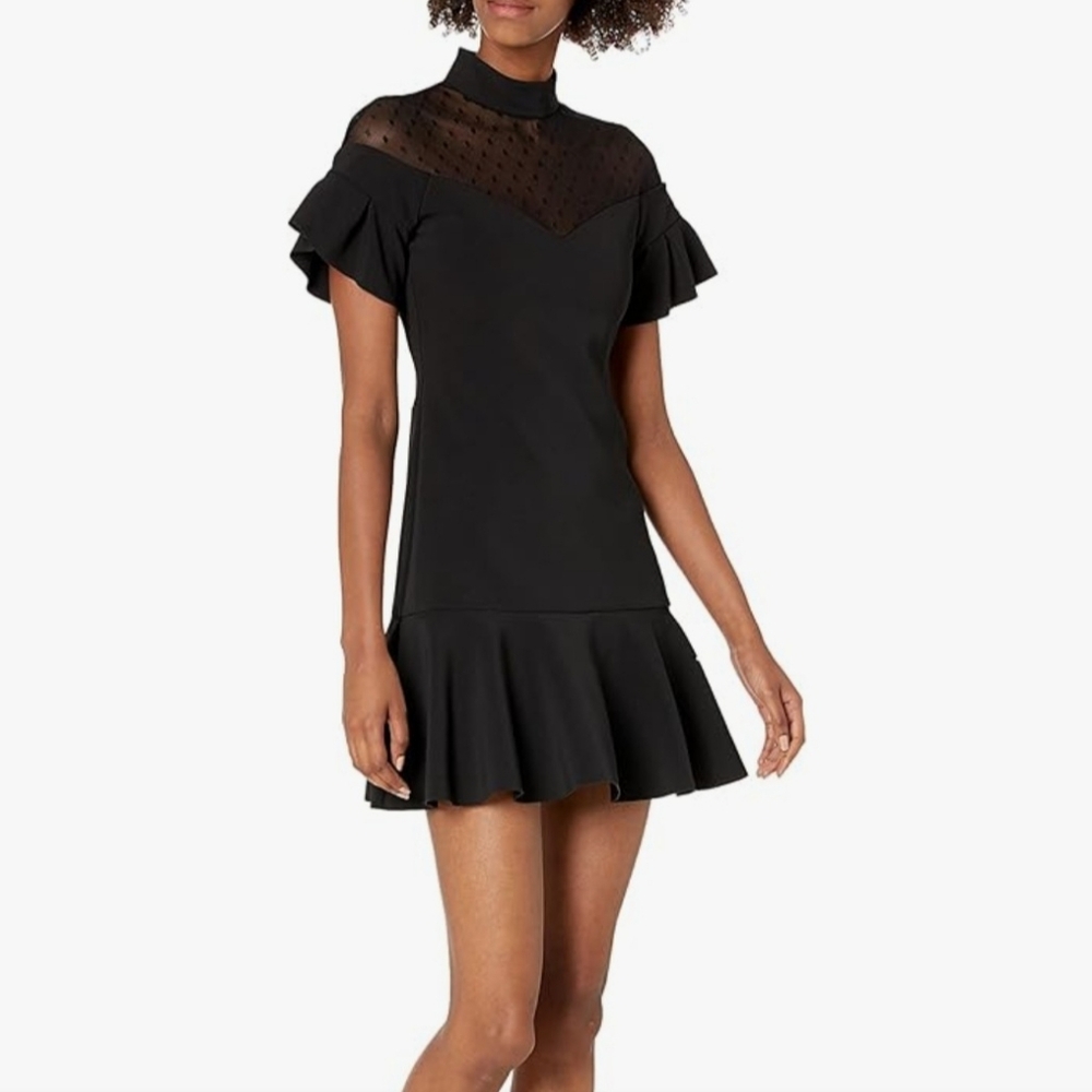 PARKER Black short sleeve flutter dress with swiss dot inset
